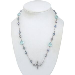 Gray Pearl & Blue Glass Bead Cross Necklace | Estate Sterling Silver 925 | 19"